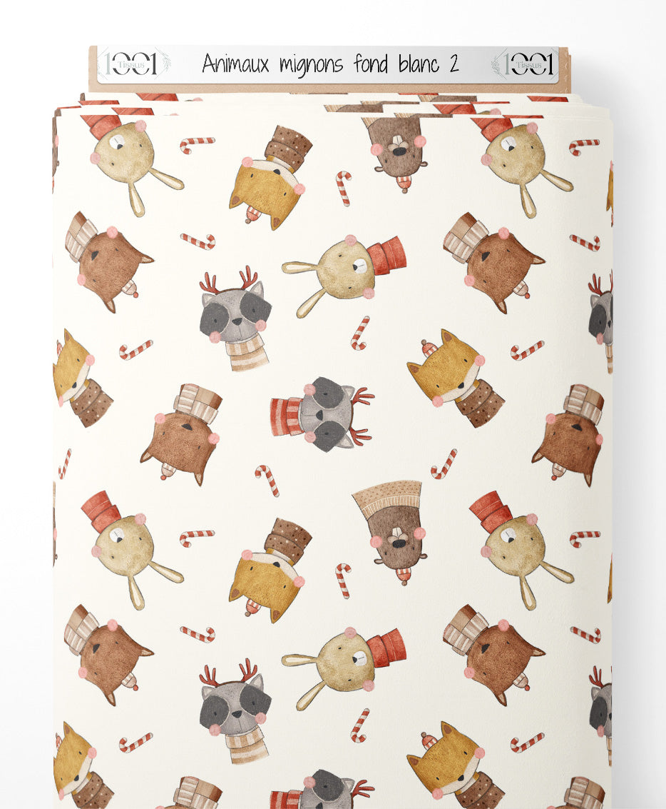 Tissu - Animaux mignons sur fond blanc 2