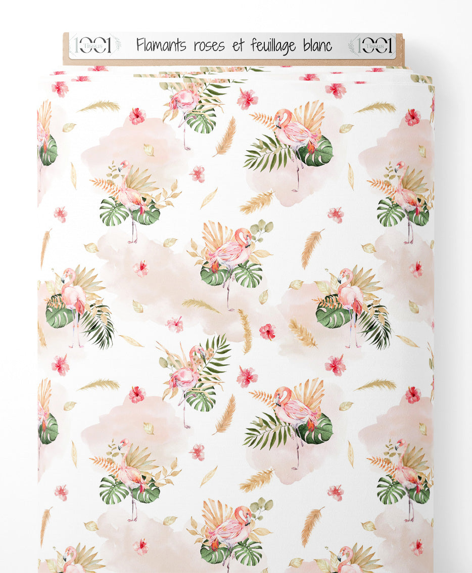 Tissu - Flamants roses et feuillage blanc