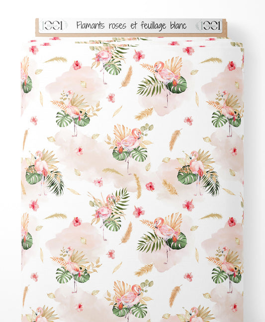 Tissu - Flamants roses et feuillage blanc