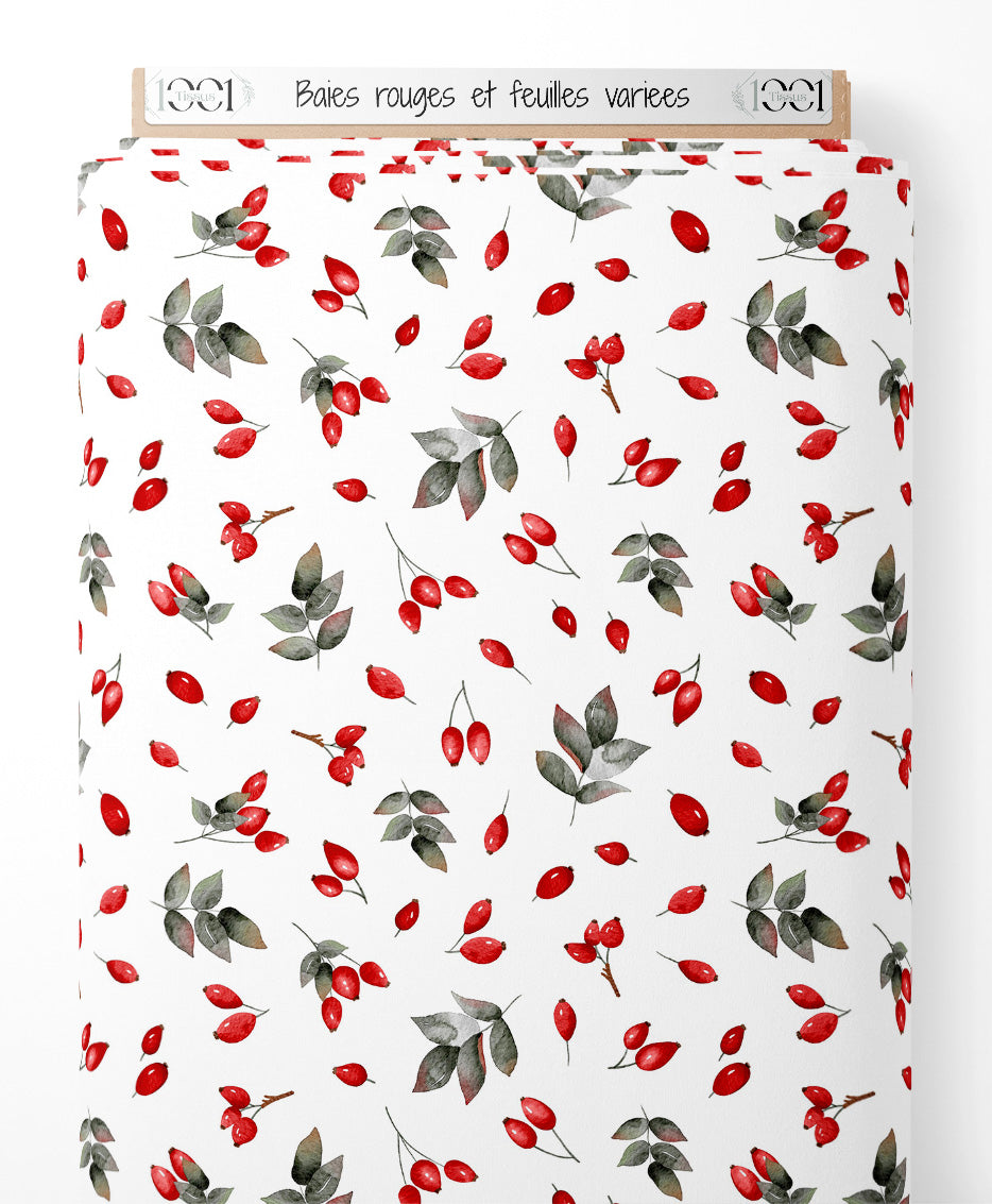 Tissu - Baies rouges et feuilles variées