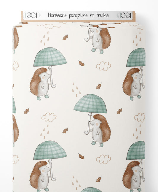 Tissu - Hérissons parapluies et feuilles