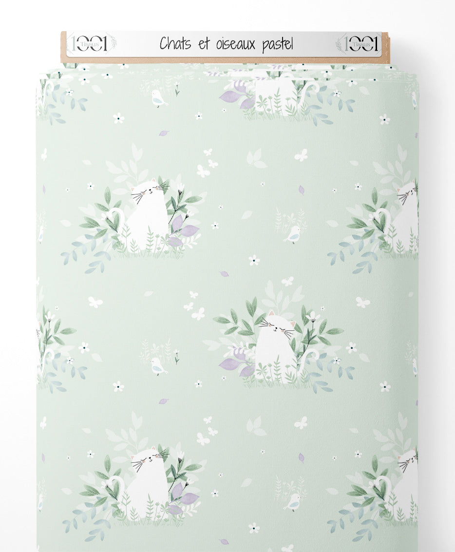 Tissu - Chats et oiseaux pastel