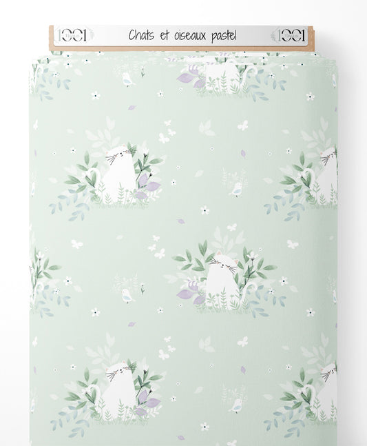 Tissu - Chats et oiseaux pastel