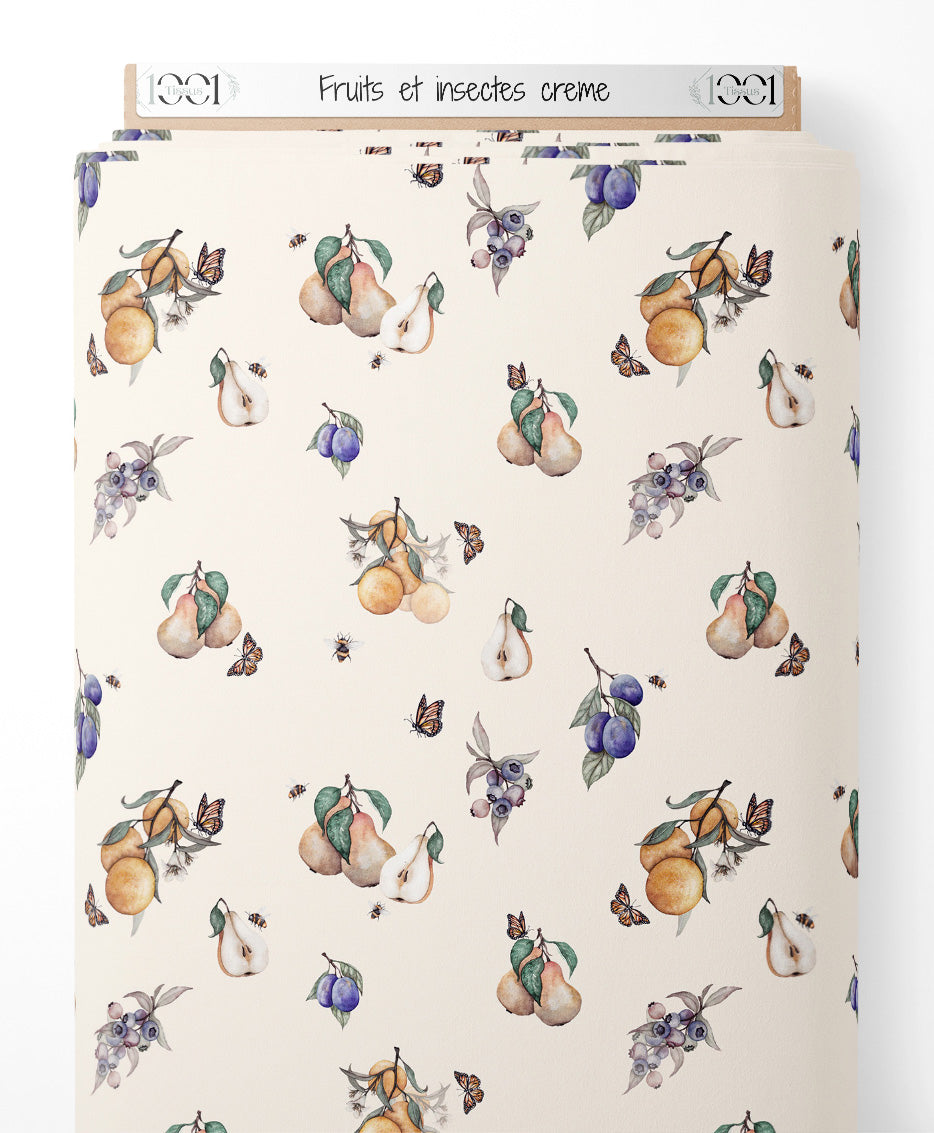 Tissu - Fruits et insectes crème