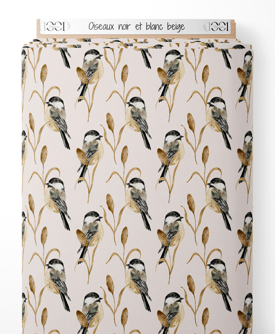 Tissu - Oiseaux noir et blanc beige