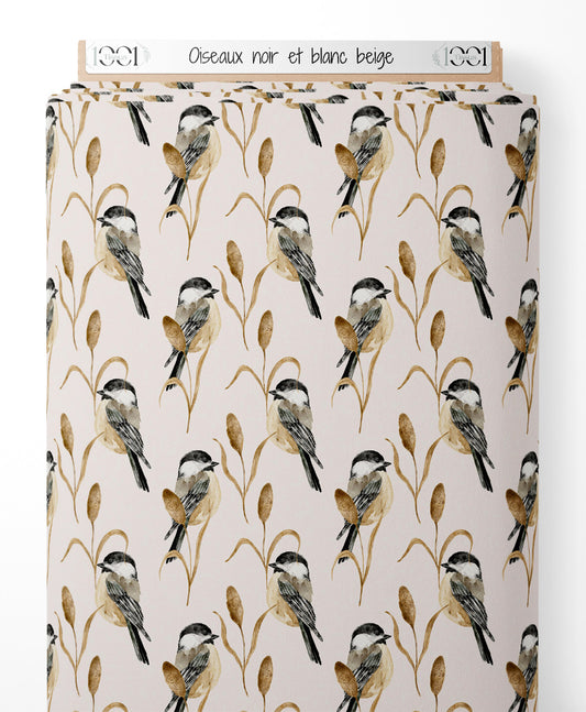 Tissu - Oiseaux noir et blanc beige
