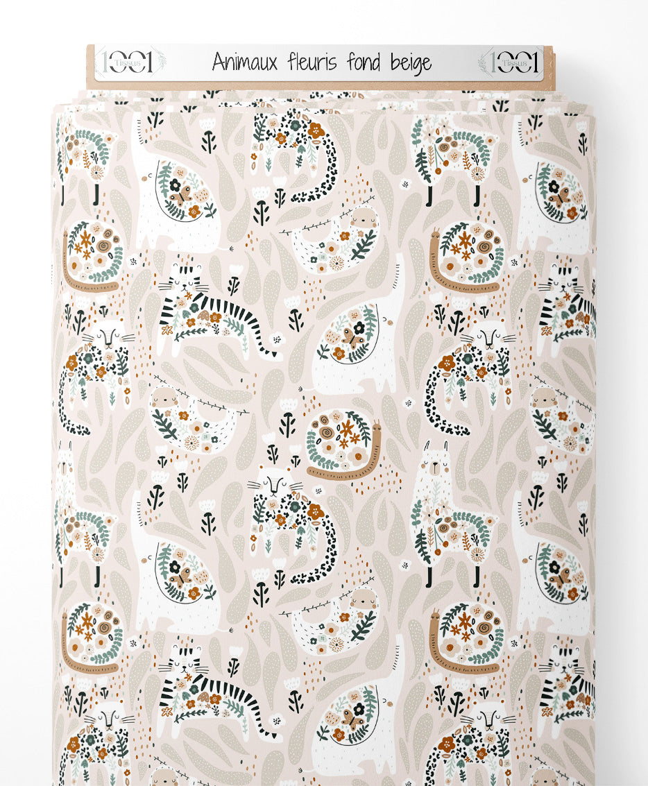 Tissu - Animaux fleuris sur fond beige