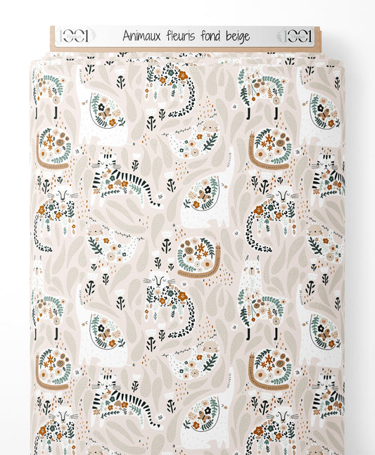 Tissu - Animaux fleuris sur fond beige