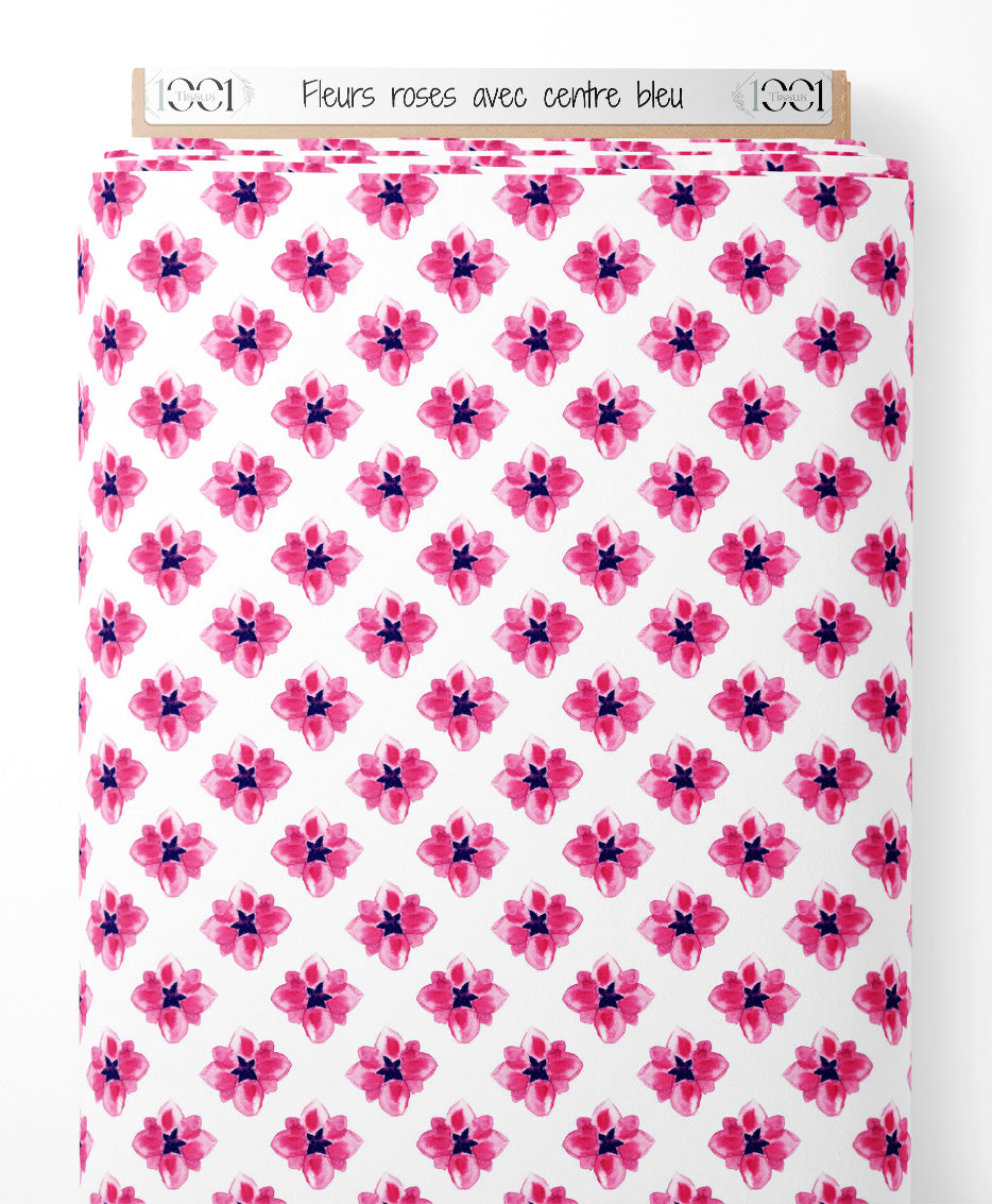 Tissu - Fleurs roses avec centre bleu