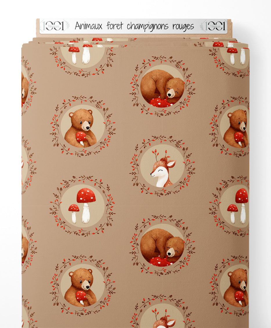 Tissu - Animaux forêt champignons rouges