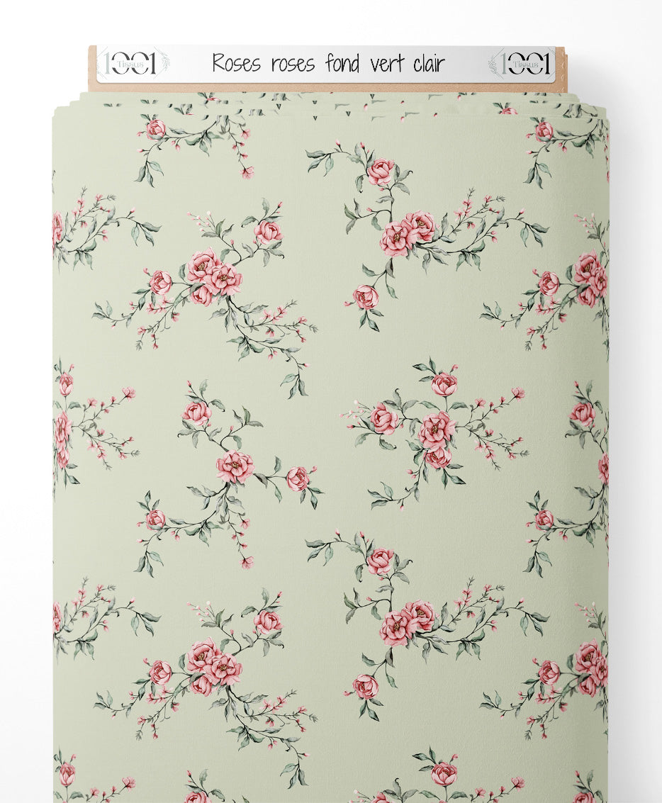 Tissu - Roses roses sur fond vert clair