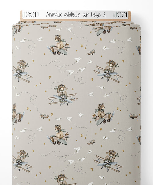 Tissu - Animaux aviateurs sur beige 2