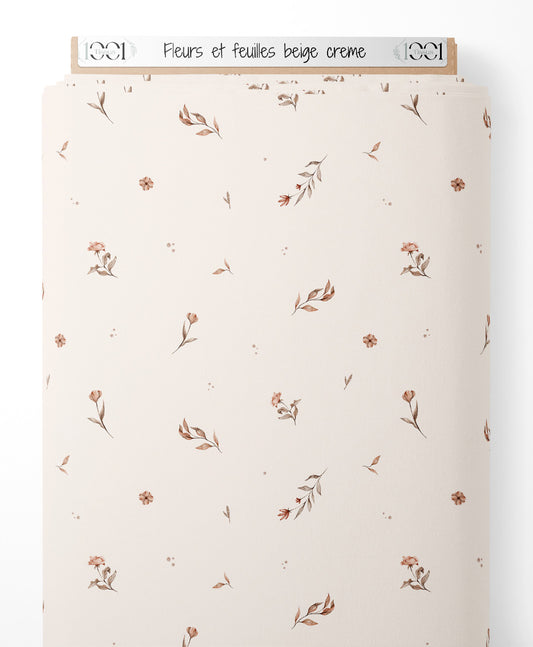 Tissu - Fleurs et feuilles beige crème