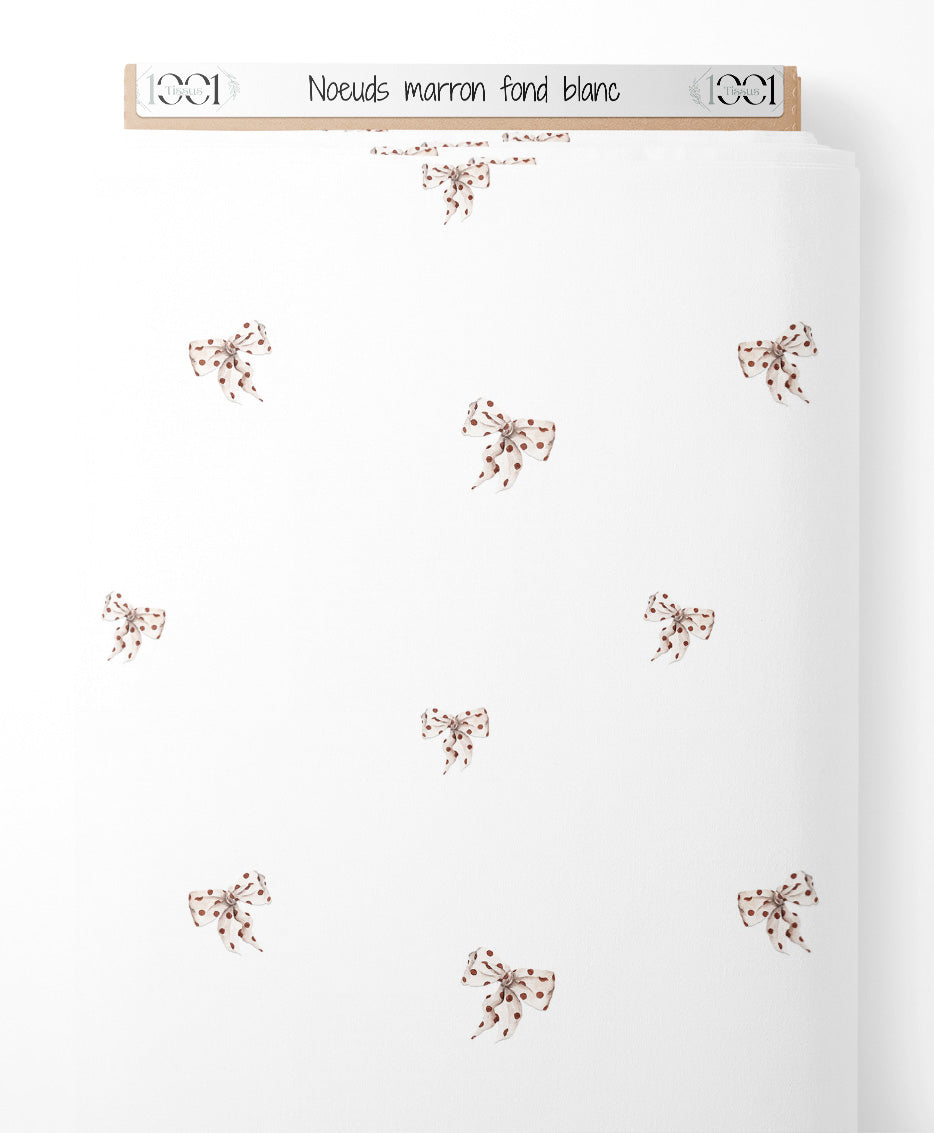 Tissu - Nœuds marron sur fond blanc