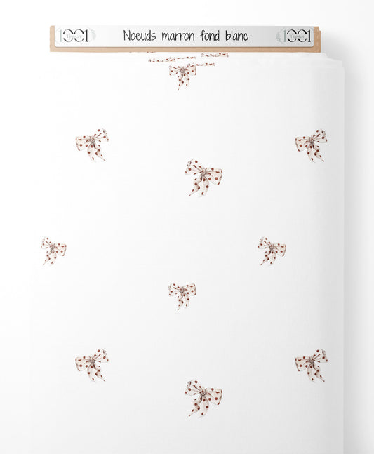 Tissu - Nœuds marron sur fond blanc