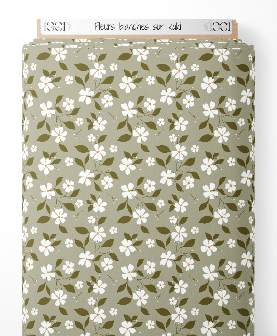 Tissu - Fleurs blanches sur kaki