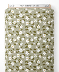 Tissu - Fleurs blanches sur kaki