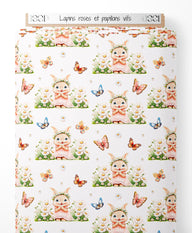 Tissu - Lapins roses et papillons vifs