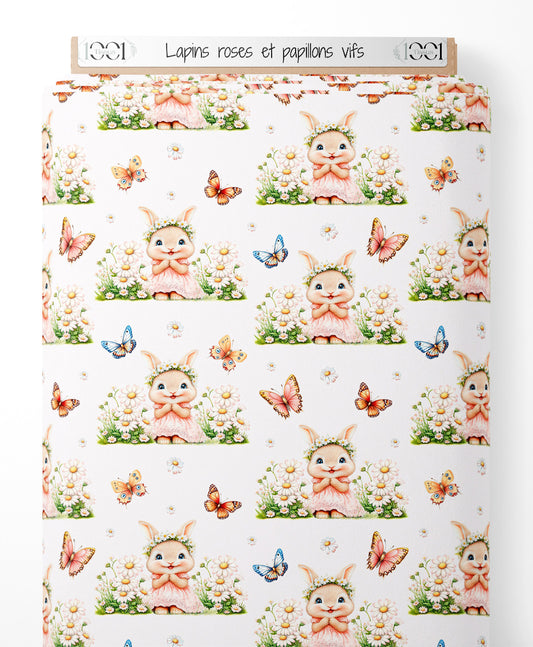 Tissu - Lapins roses et papillons vifs