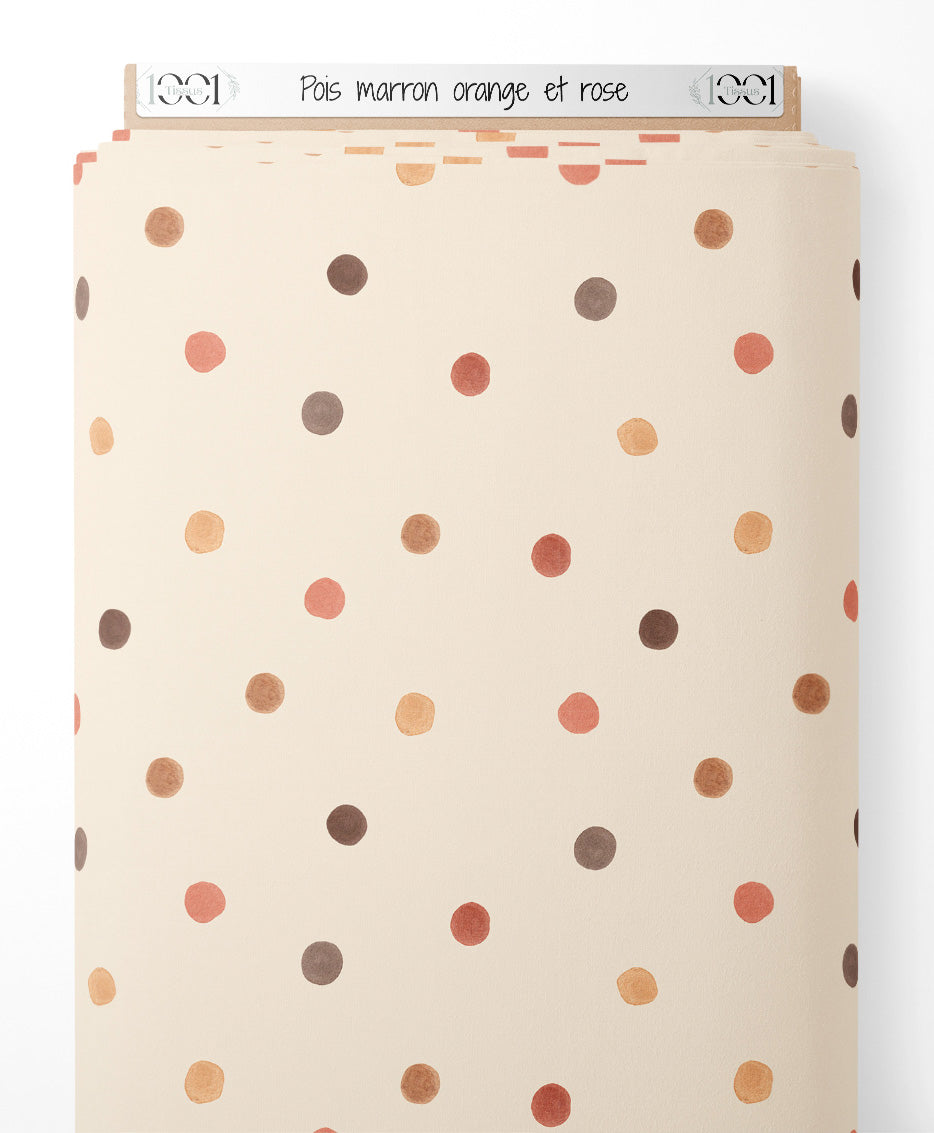 Tissu - Pois marron, orange et rose