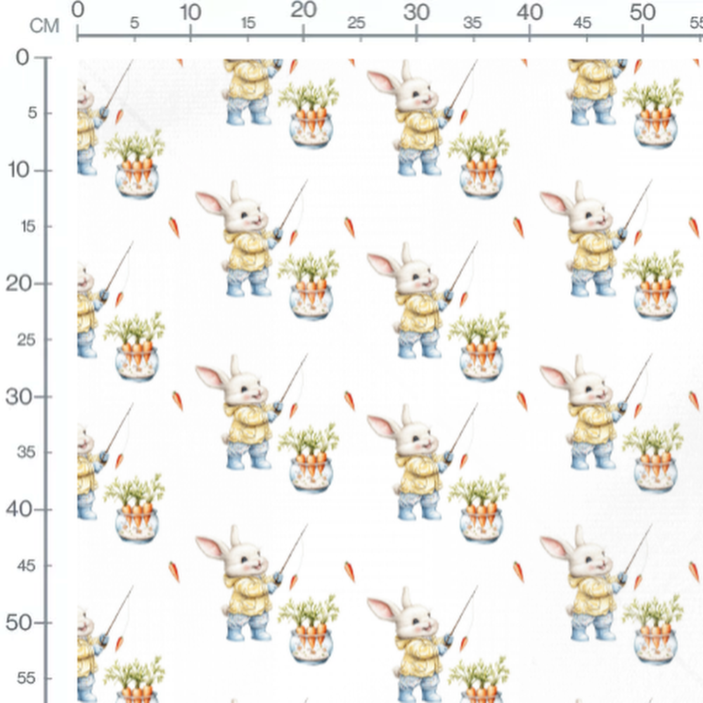 Tissu - Lapins pêcheurs et carottes