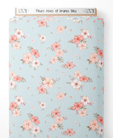 Tissu - Fleurs roses et brunes bleu