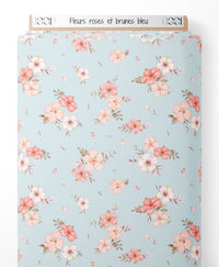 Tissu - Fleurs roses et brunes bleu