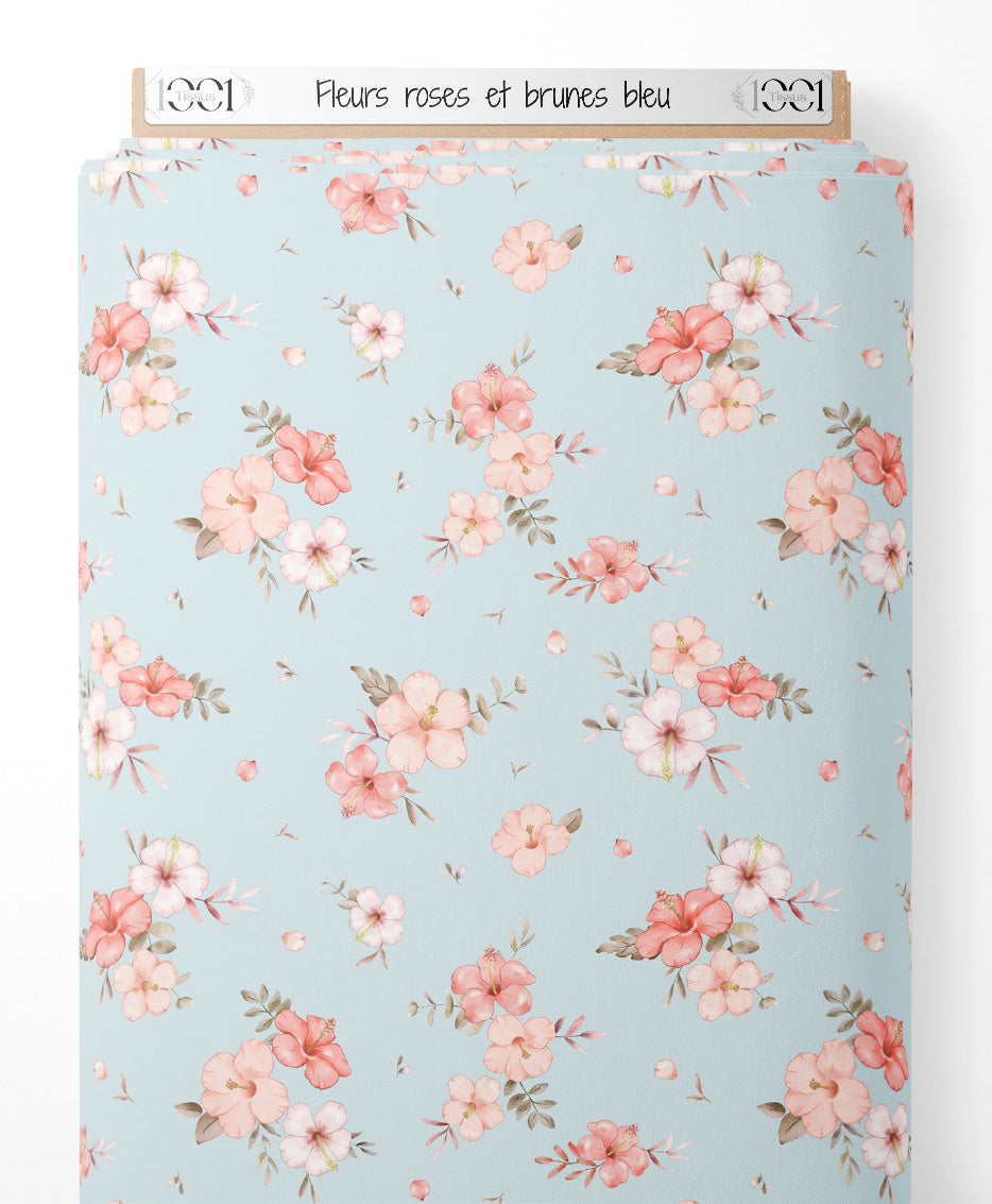 Tissu - Fleurs roses et brunes bleu