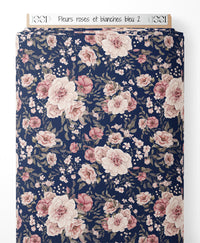 Tissu - Fleurs roses et blanches bleu 2