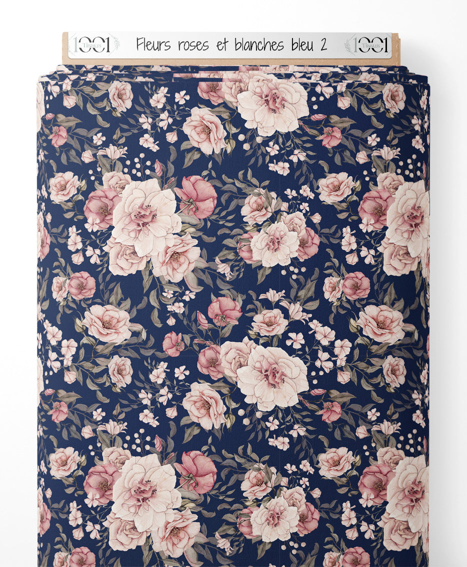 Tissu - Fleurs roses et blanches bleu 2
