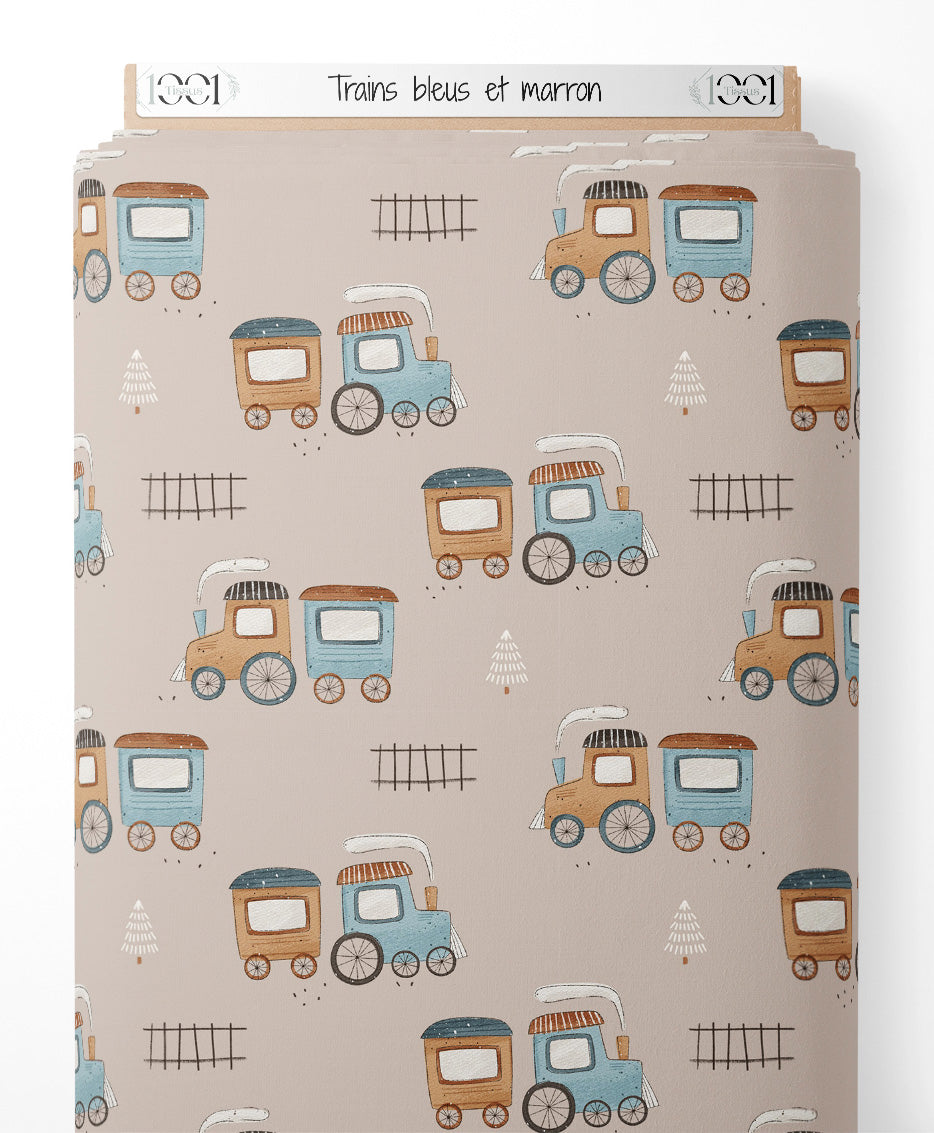 Tissu - Trains bleus et marron