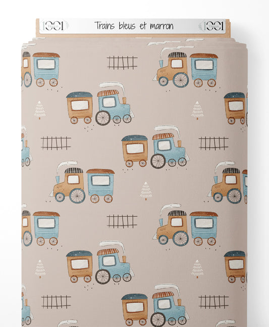 Tissu - Trains bleus et marron