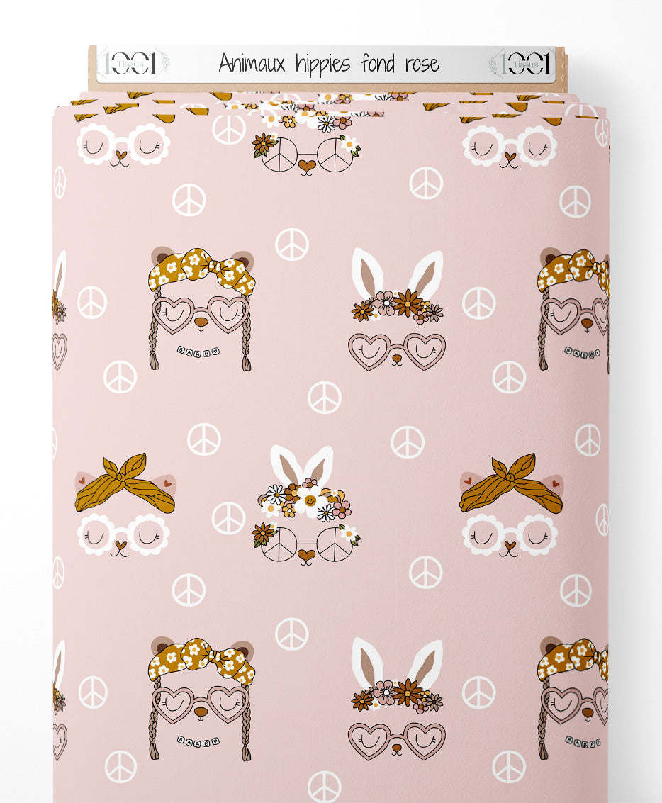 Tissu - Animaux hippies fond rose
