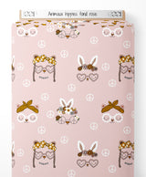 Tissu - Animaux hippies fond rose