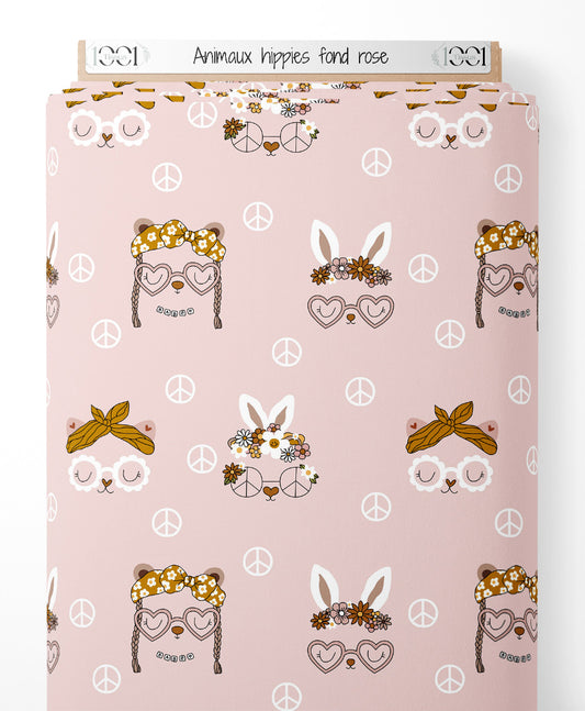 Tissu - Animaux hippies fond rose