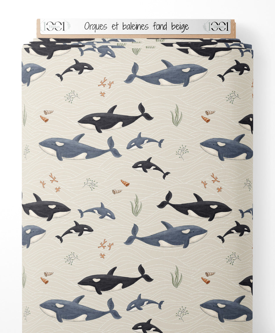 Tissu - Orques et baleines sur fond beige