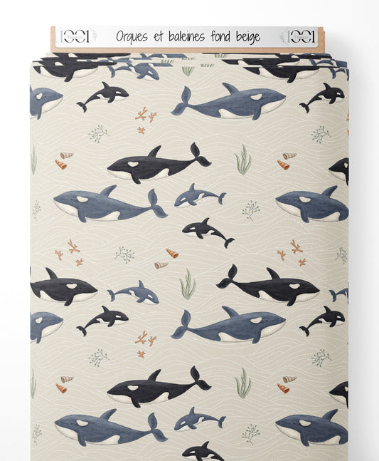Tissu - Orques et baleines sur fond beige