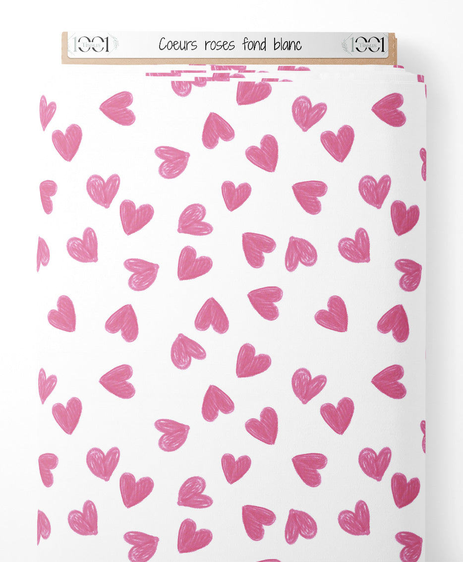 Tissu - Cœurs roses sur fond blanc