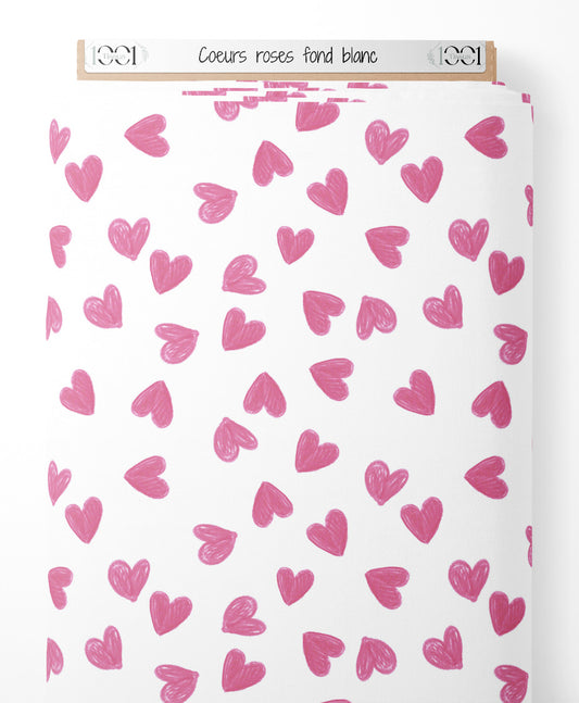 Tissu - Cœurs roses sur fond blanc