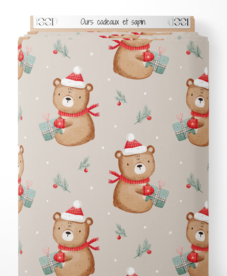 Tissu - Ours cadeaux et sapin