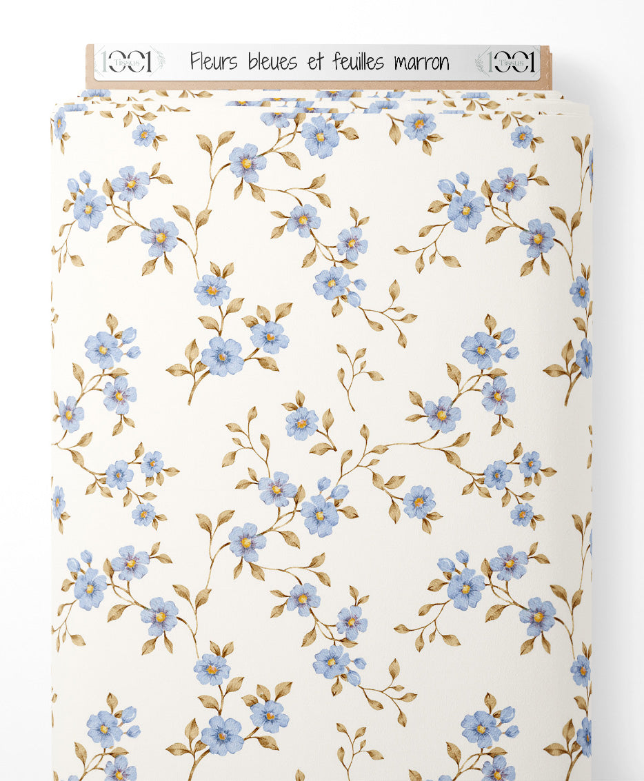 Tissu - Fleurs bleues et feuilles marron