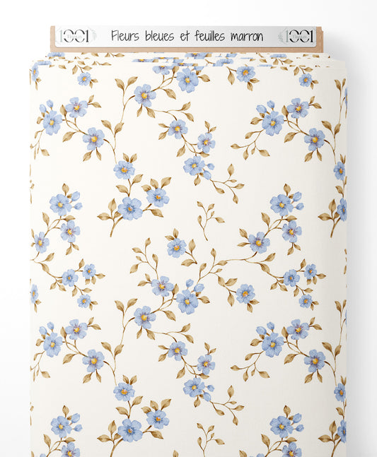 Tissu - Fleurs bleues et feuilles marron