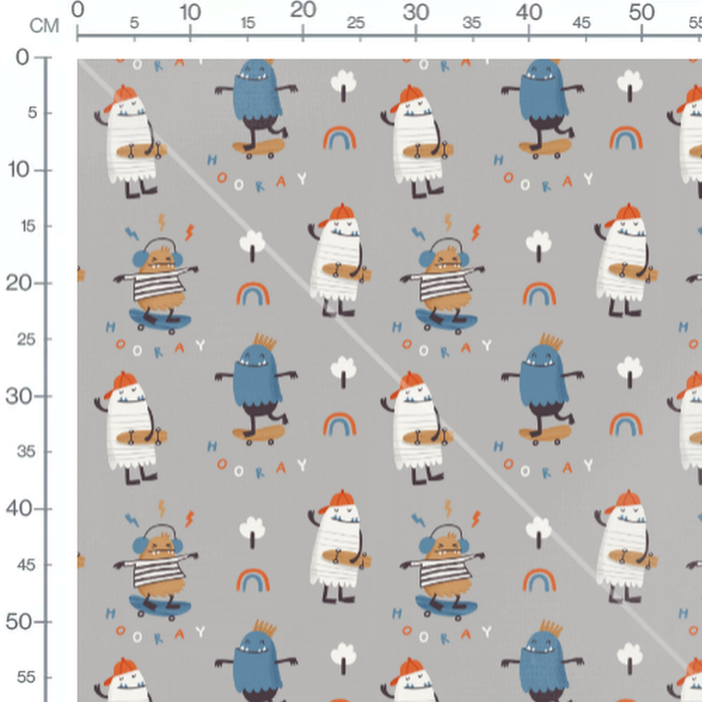 Tissu - Monstres colorés sur gris