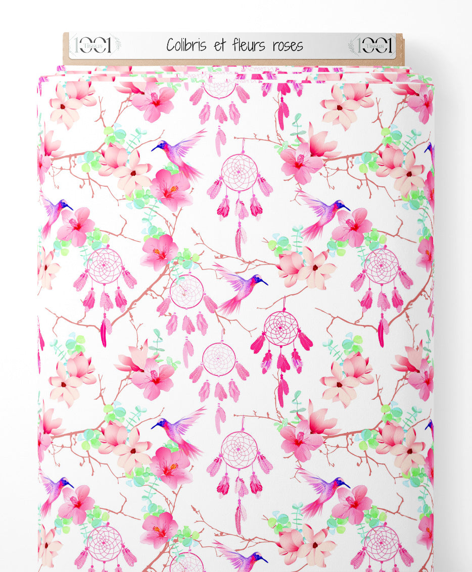 Tissu - Colibris et fleurs roses