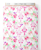 Tissu - Colibris et fleurs roses