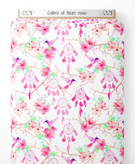 Tissu - Colibris et fleurs roses