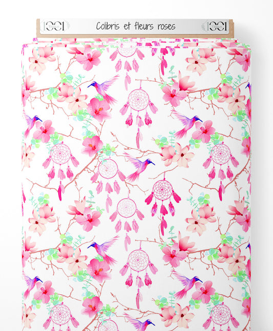 Tissu - Colibris et fleurs roses