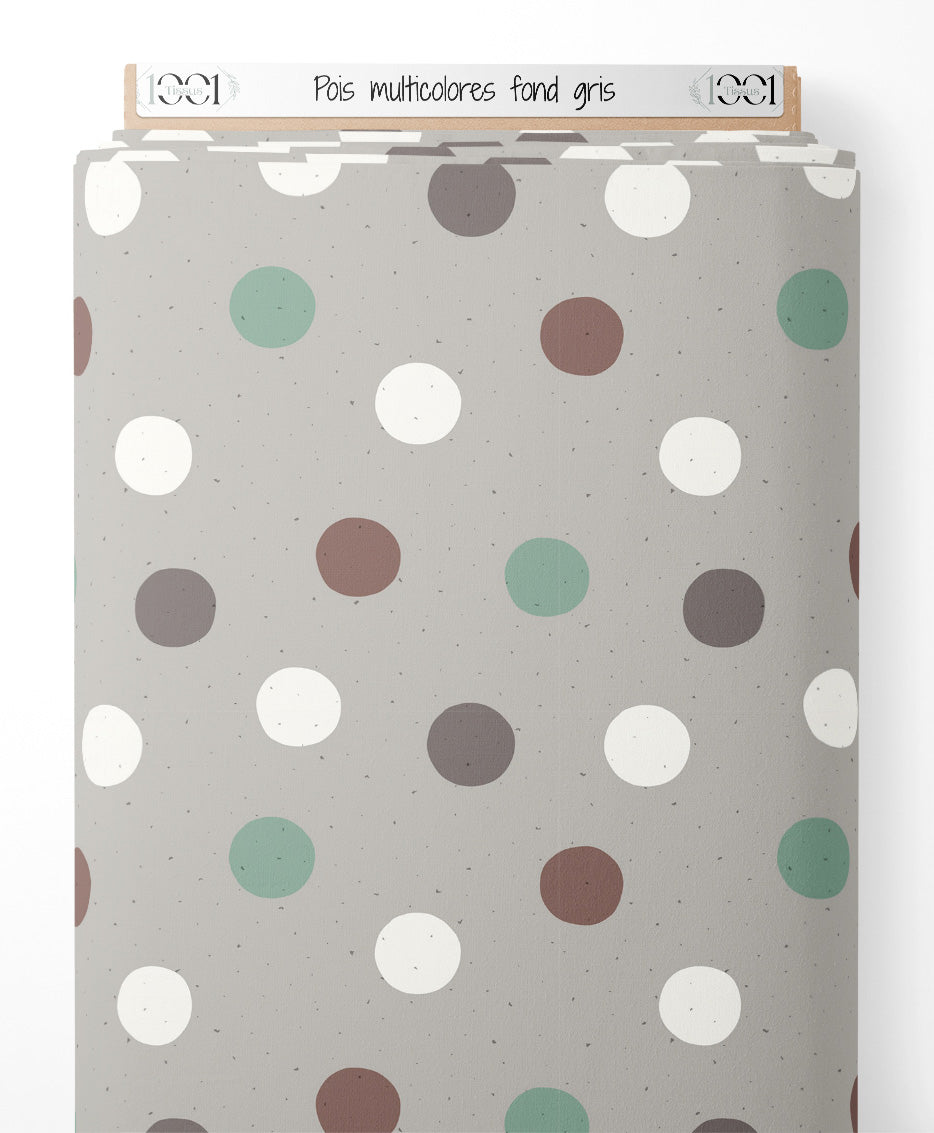 Tissu - Pois multicolores sur fond gris