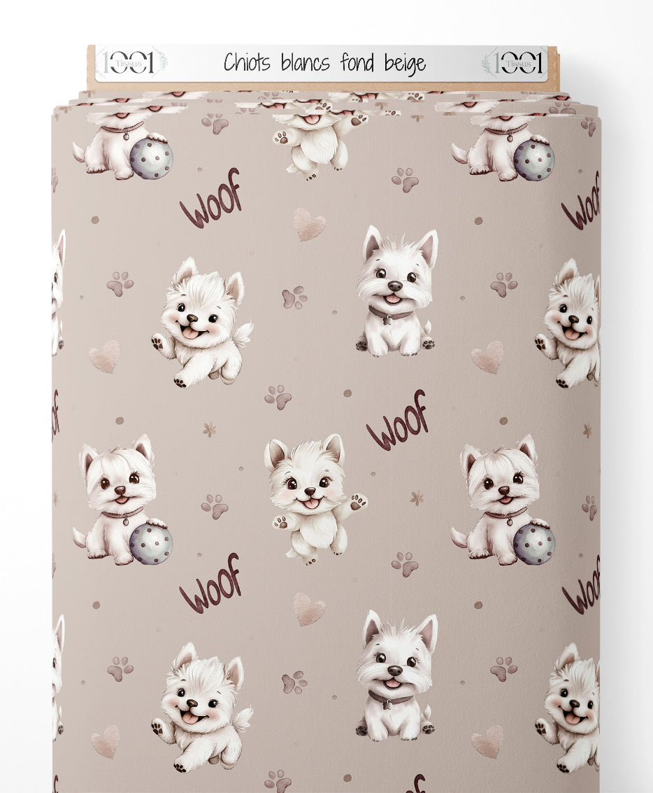 Tissu - Chiots blancs sur fond beige