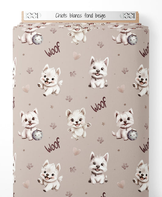 Tissu - Chiots blancs sur fond beige
